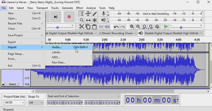 Import M4A file in Audacity  