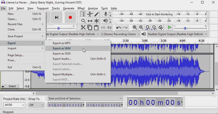  Set output audio format in Audacity 