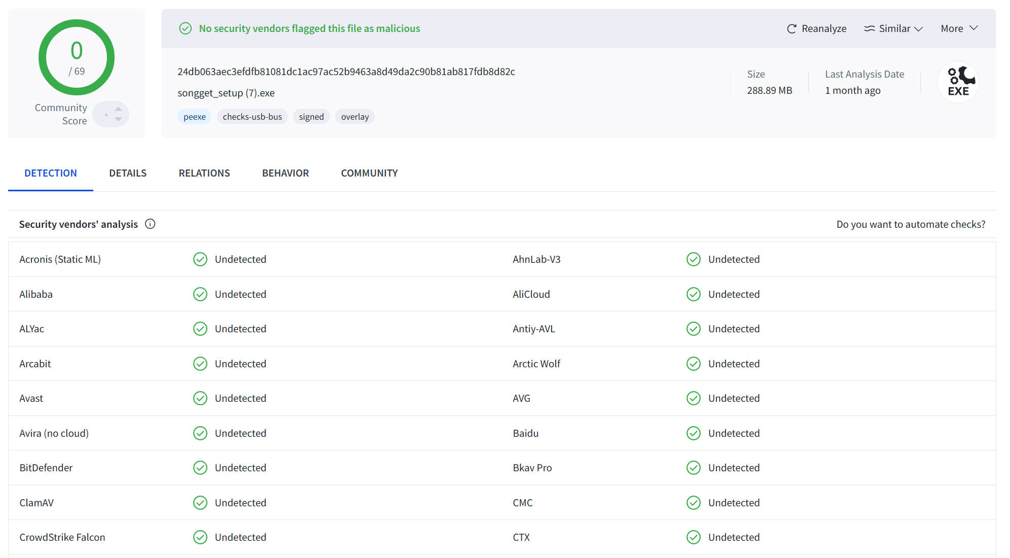 SongGetのVirusTotalでの安全性スキャン結果（安全）