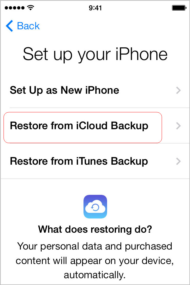 Choose Restore from iCloud Backup