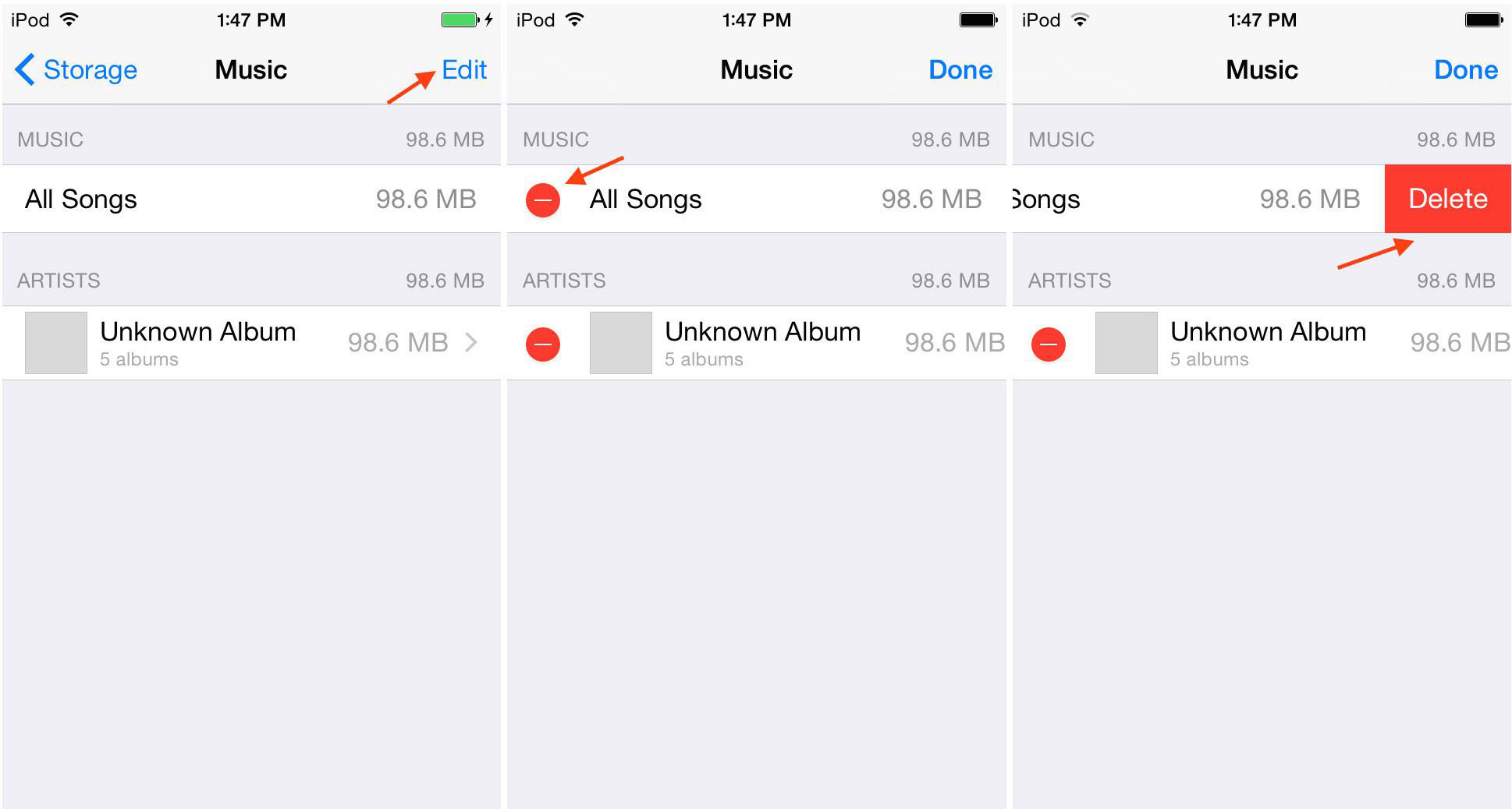delete all songs from iPod touch in Settings