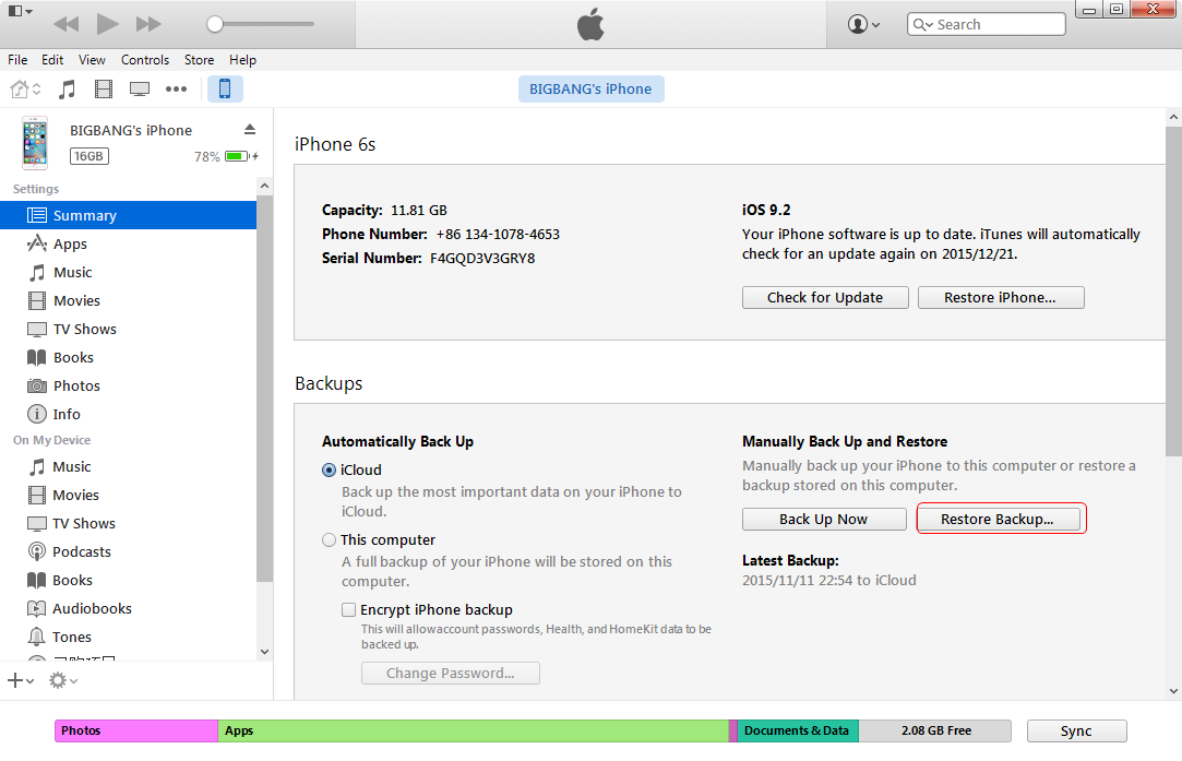 Restore iPhone Backup from iTunes