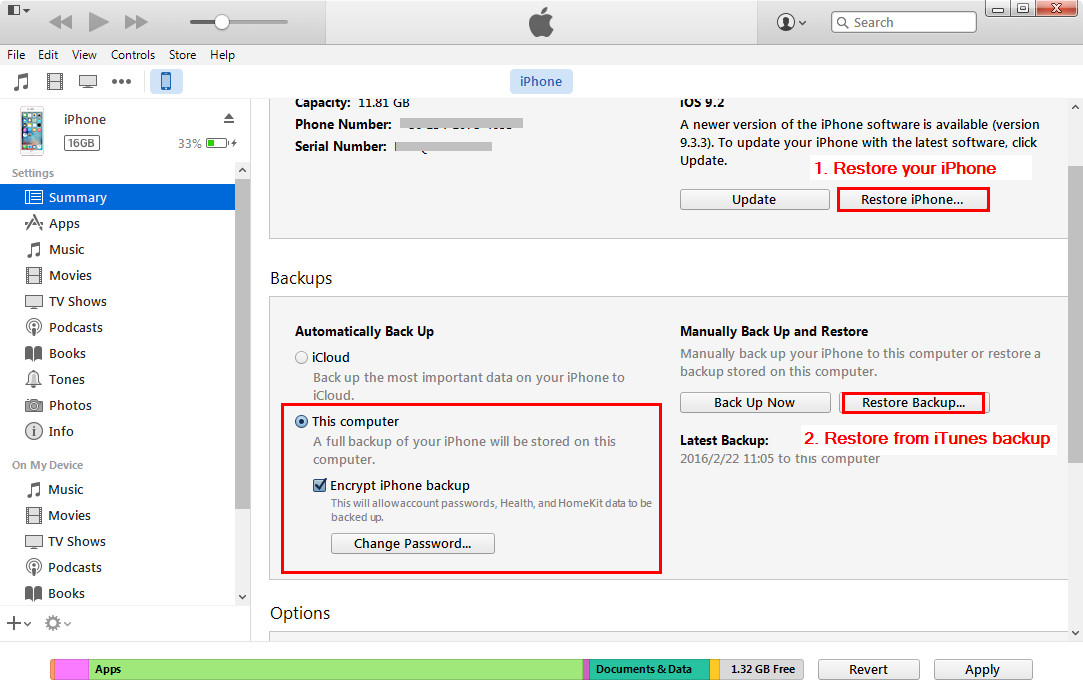Reset iPhone Password via iTunes