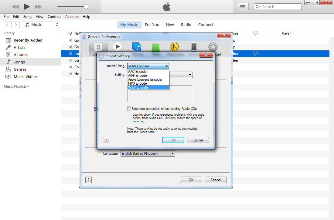 iTunes import settings