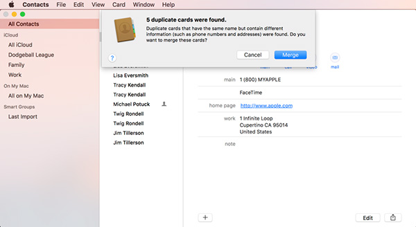 choose Merge to delete duplicate contacts iCloud