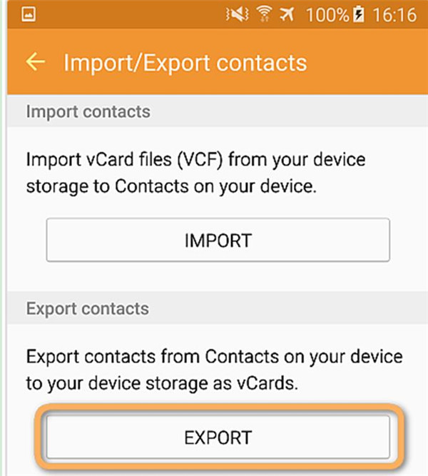 export contacts to the storage of the device