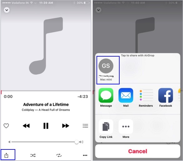starts to send music from iPhone to Mac