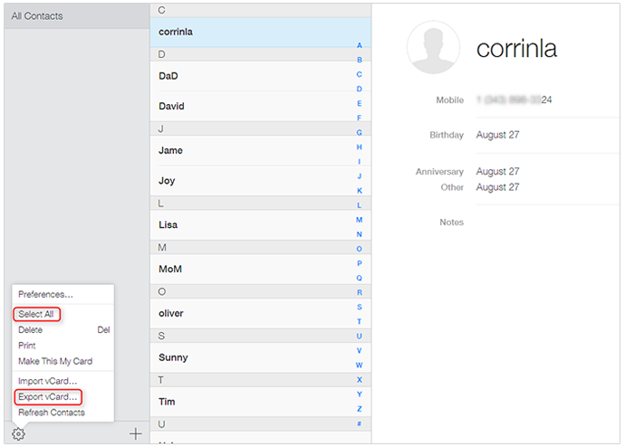 Download contacts from one iCloud