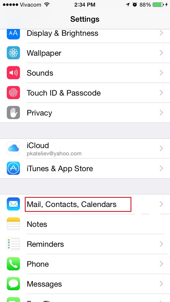 scroll down to Mail, Contacts, Calendars