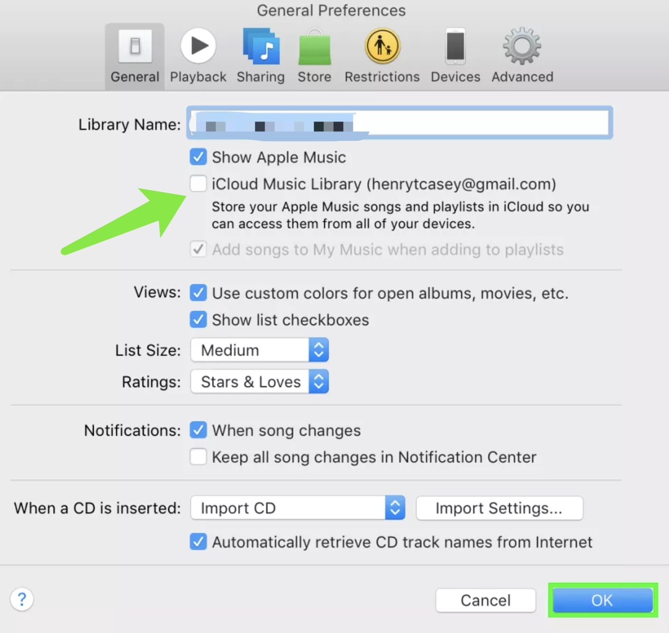 iTunes-reset-library-sort-out-uncheck-icloud-library  
