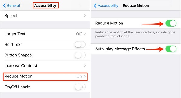 Turn off Reduce Motion and Auto-play Message Effects