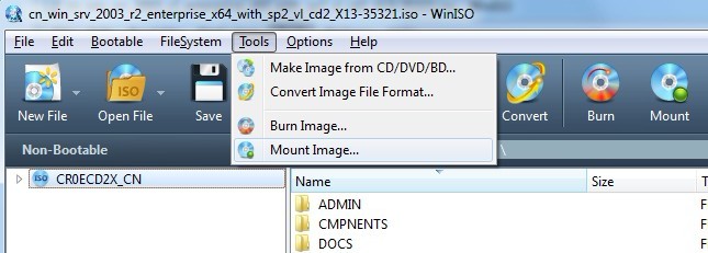 montaggio di un'immagine ISO vicino a Windows 7 o Vista
